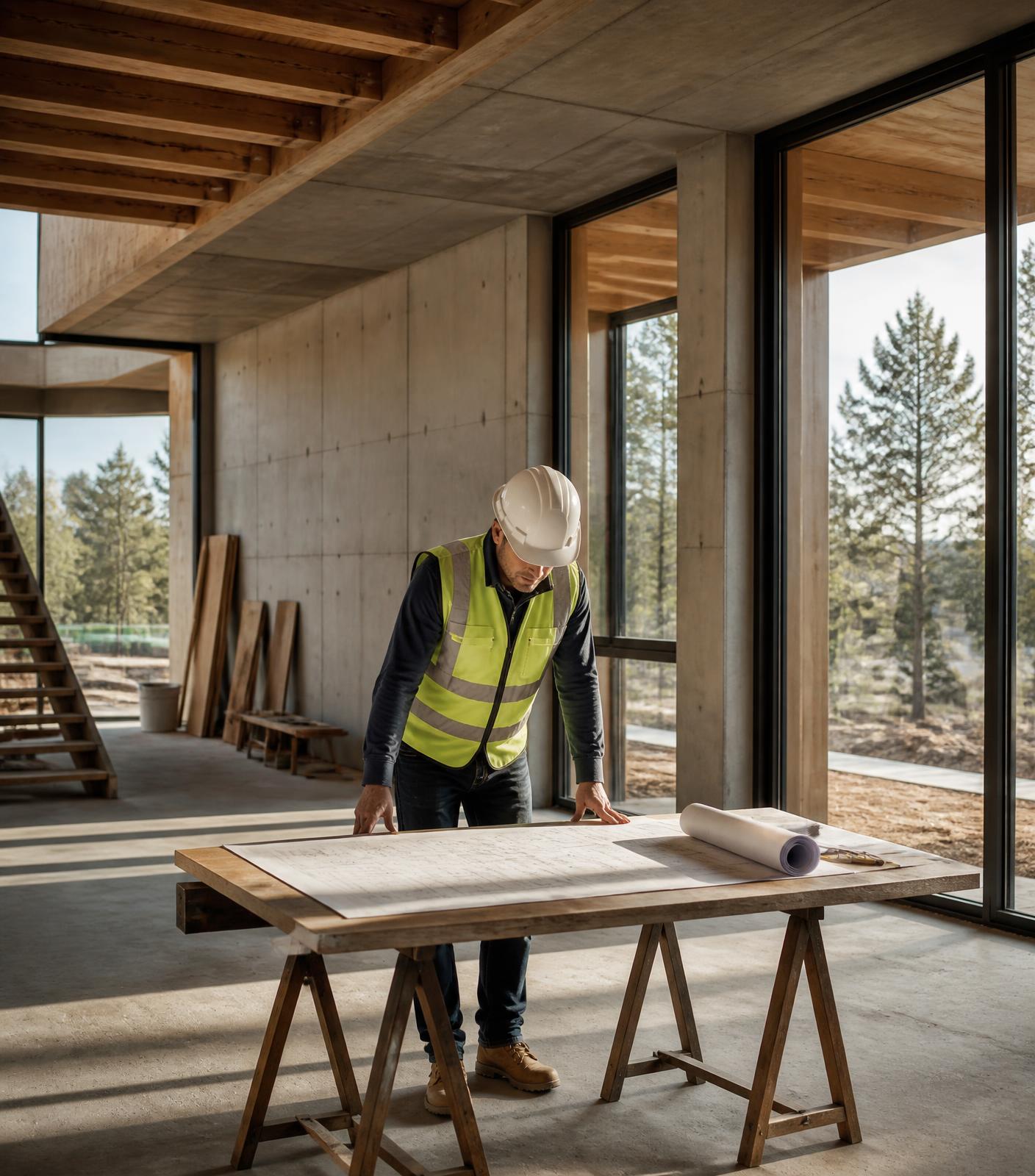 Profissional conferindo o projeto em obra residencial com estrutura em concreto e madeira